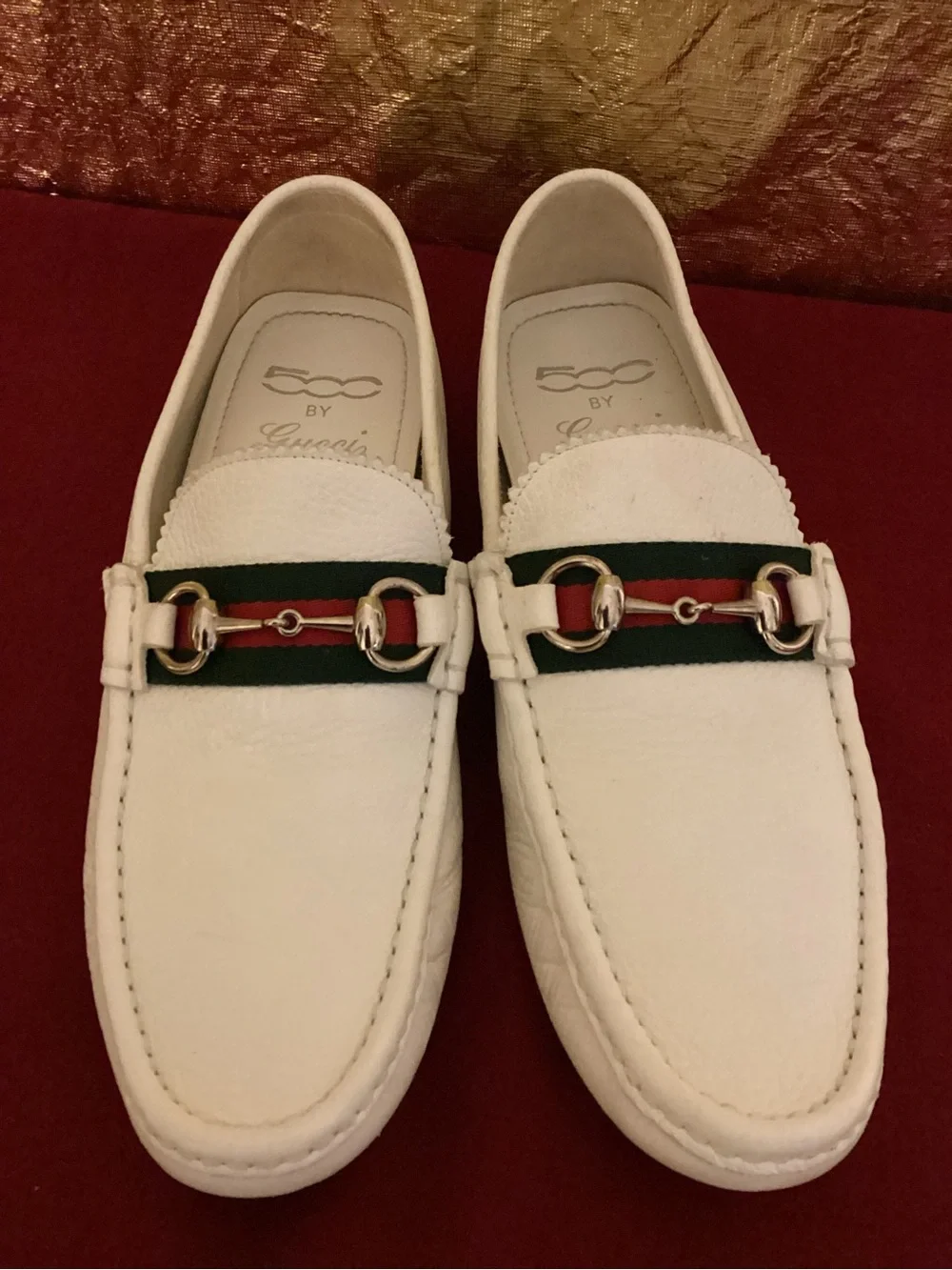 Gucci White Leather Loafers with Green-Red Web and Silver Bit
